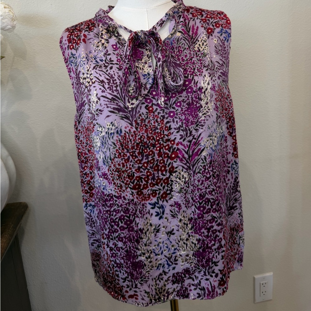 White House Black Market Lavender Floral Tie-Neck Sleeveless Top